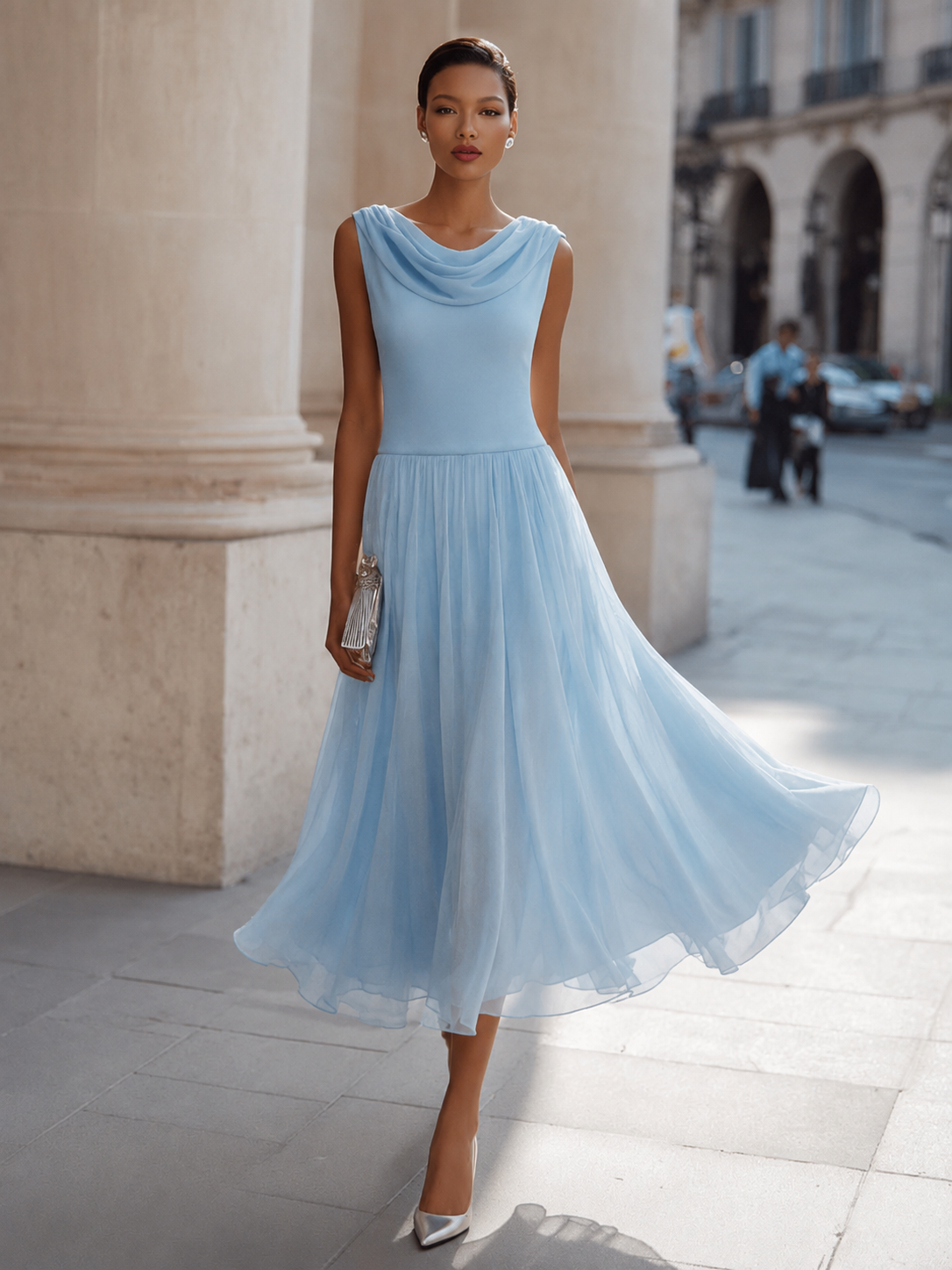 Women’s midi dress in an elegant pleated style with a cowl neckline | L&S