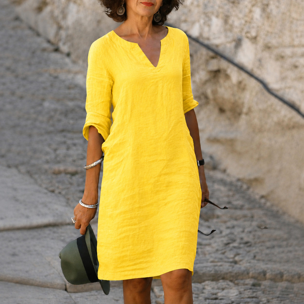 Elena – Women's Dress V-Neck, Three-Quarter Sleeves