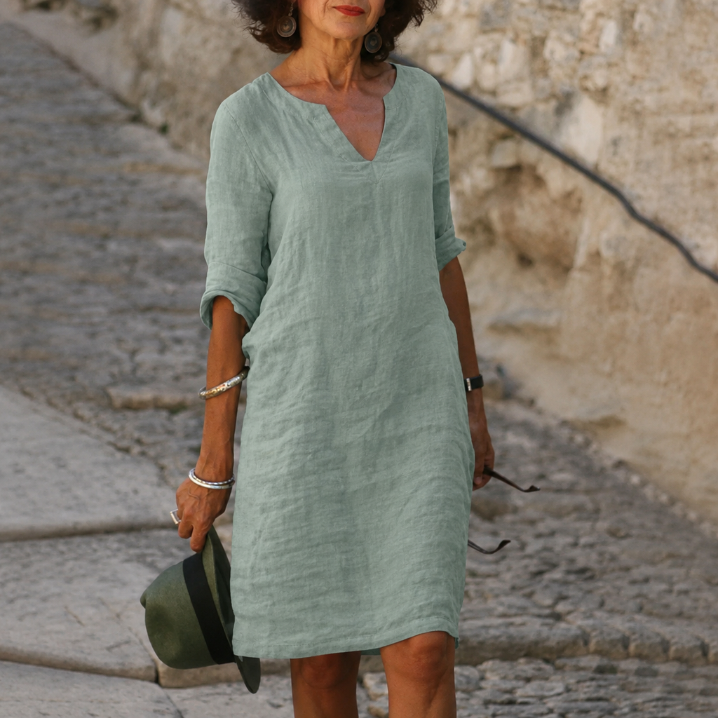 Elena – Women's Dress V-Neck, Three-Quarter Sleeves