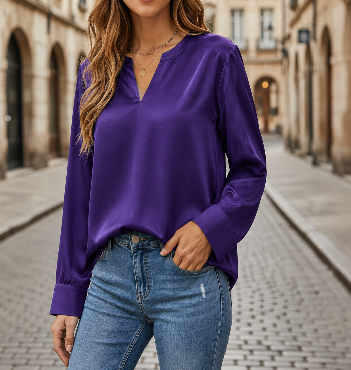 Yvonne – Women Satin blouse with V-neck
