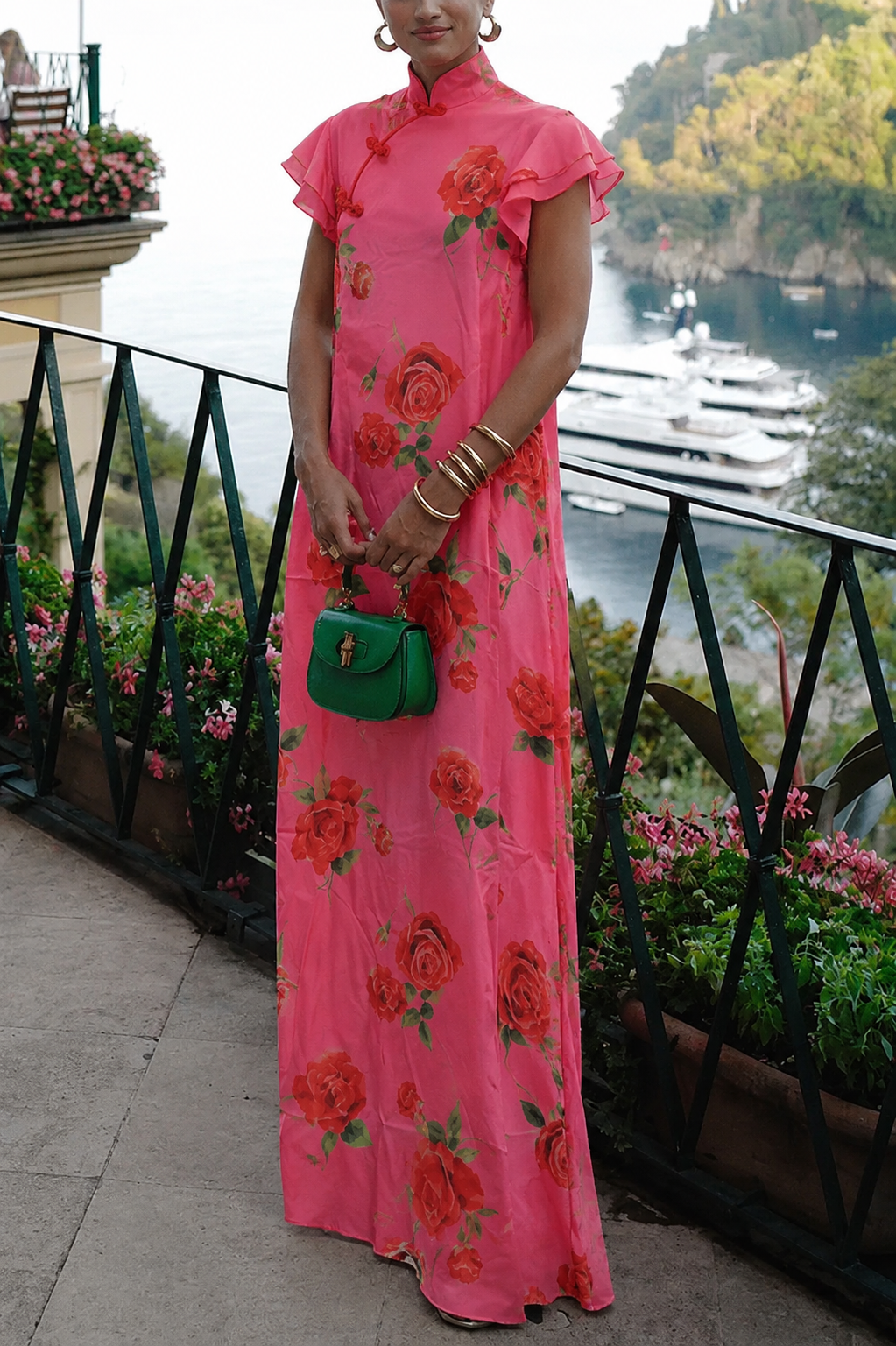 Lina – Elegant Rose Floral Print Tiered Flare Sleeve Maxi Dress for Women