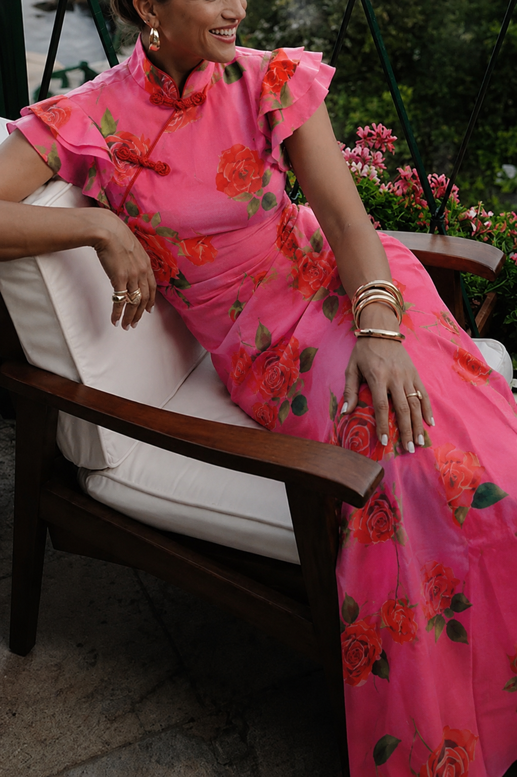 Lina – Elegant Rose Floral Print Tiered Flare Sleeve Maxi Dress for Women