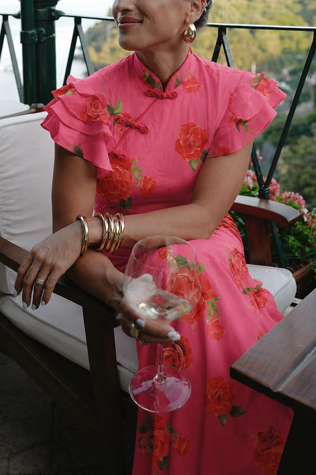 Lina – Elegant Rose Floral Print Tiered Flare Sleeve Maxi Dress for Women