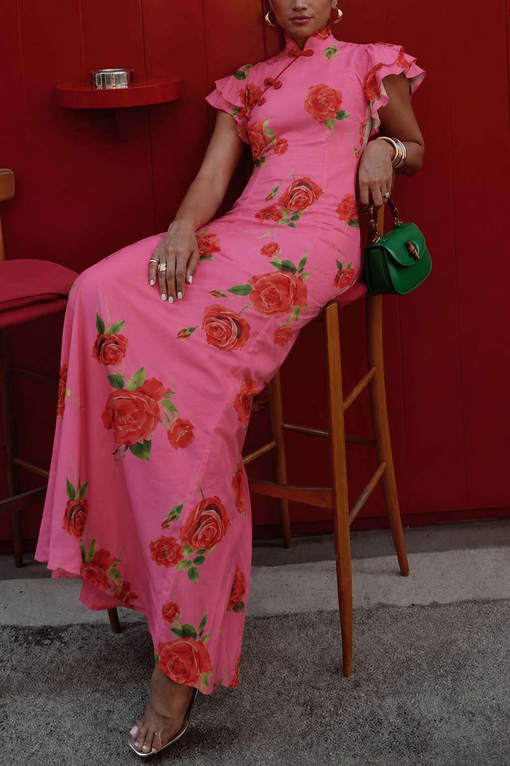 Lina – Elegant Rose Floral Print Tiered Flare Sleeve Maxi Dress for Women