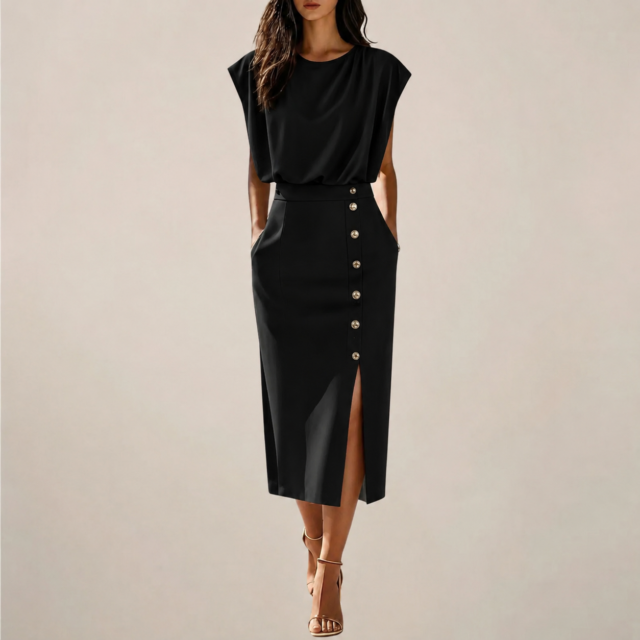 Emilia – Elegant Midi Dress with Button Detail and Side Slit