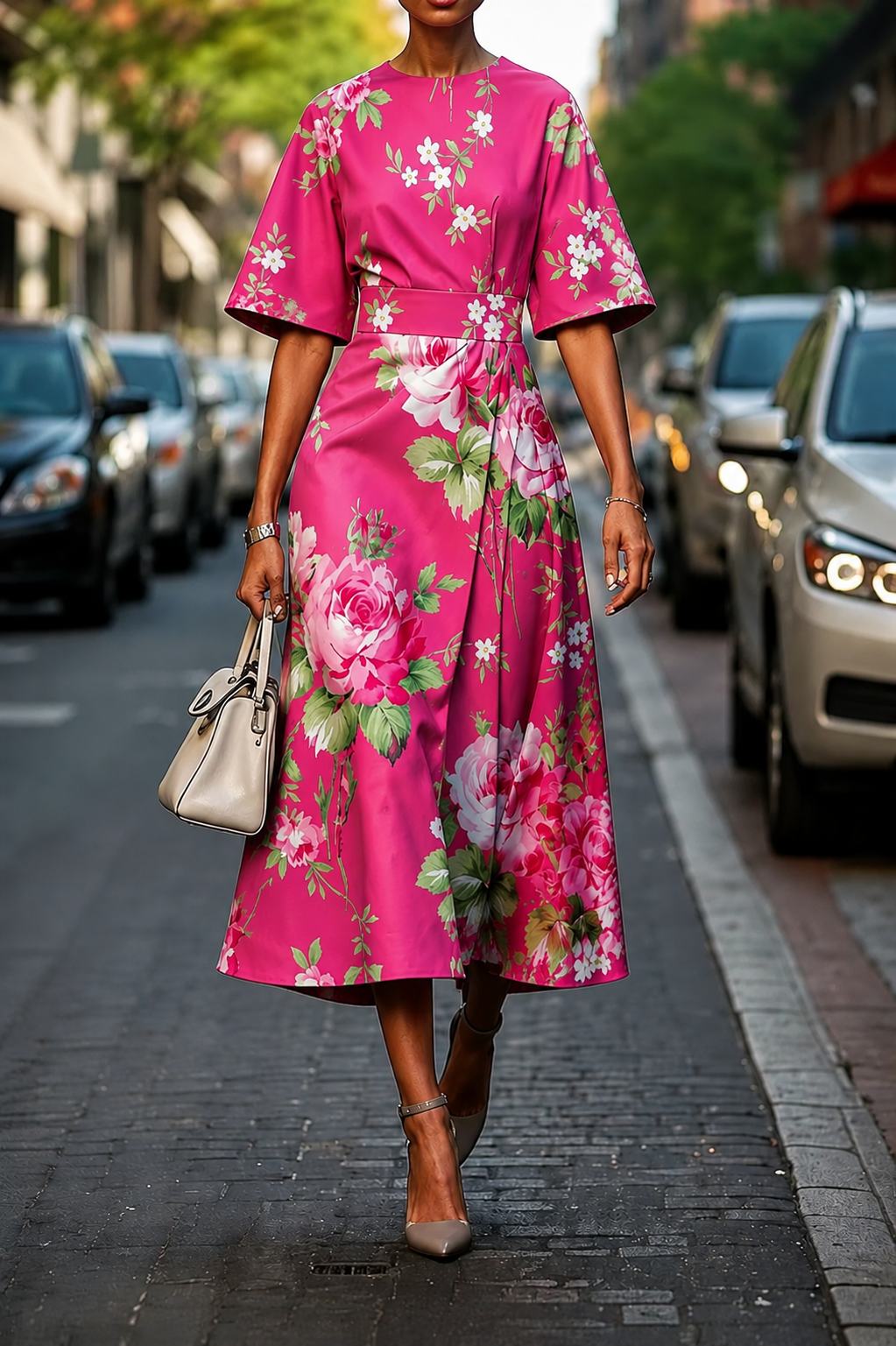 Evelyn – Draped Botanical Midi Dress Womenswear