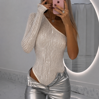 Monika – Asymmetric Sparkle One-Shoulder Bodysuit for Women