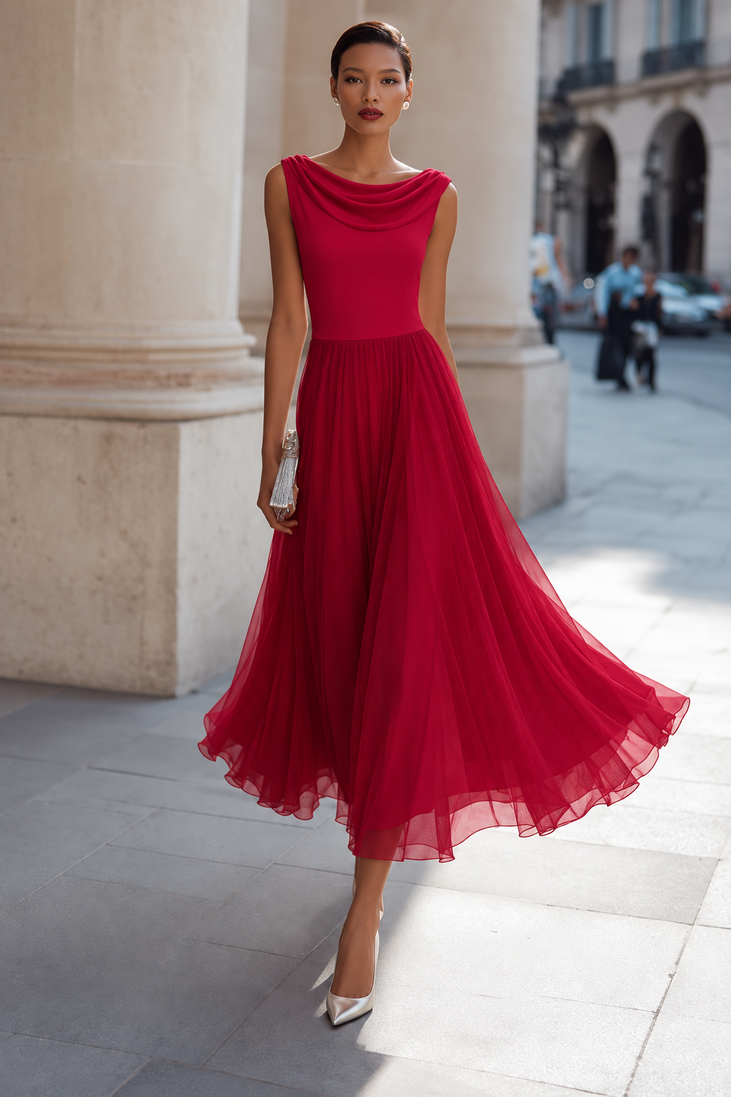 Women’s midi dress in an elegant pleated style with a cowl neckline | L&S