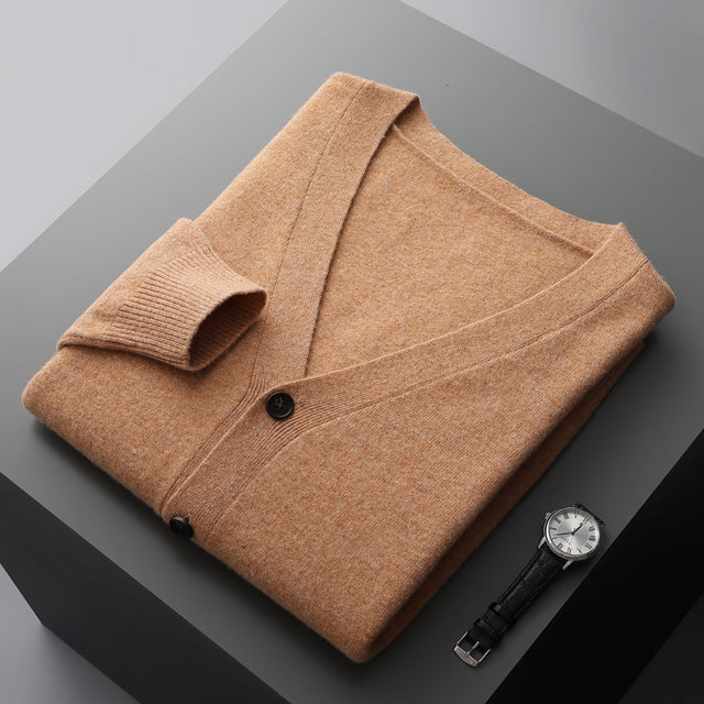 V-neck button-front cardigan in camel