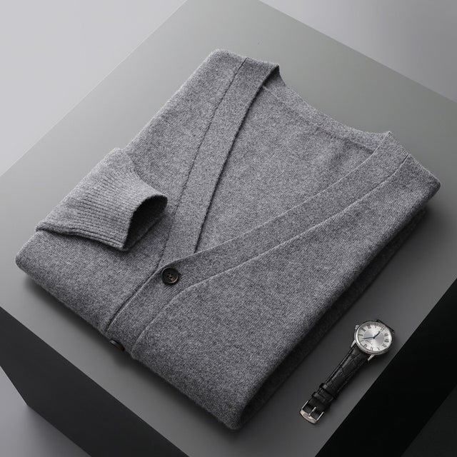 Ladies' V-neck cardigan with button front in dark grey