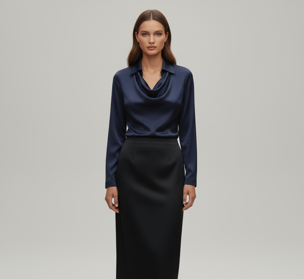 Sarah elegant satin blouse with soft collar in navy
