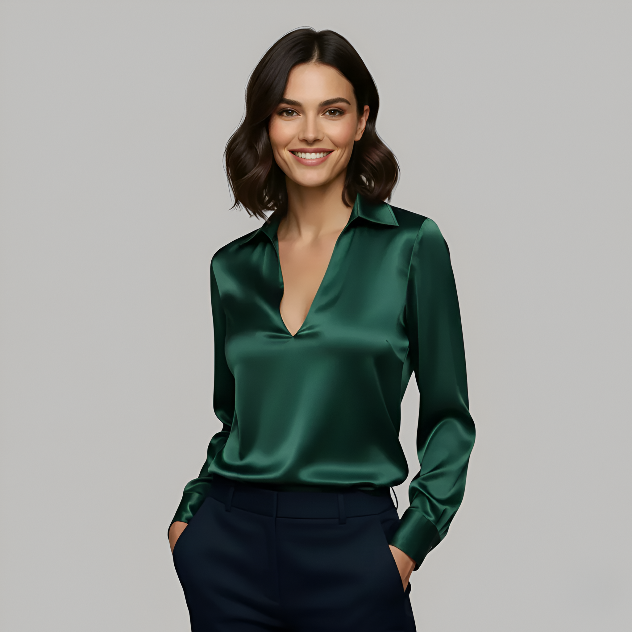 Claudia – Elegant elegant satin blouse with V-neck for Women - Image 5