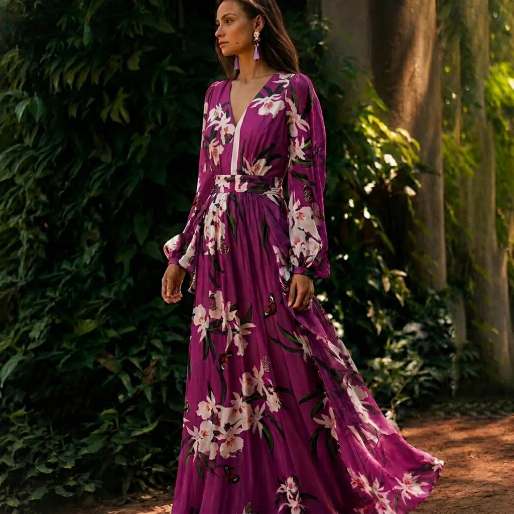 Emma – Elegant floral dress with V-neck for Women