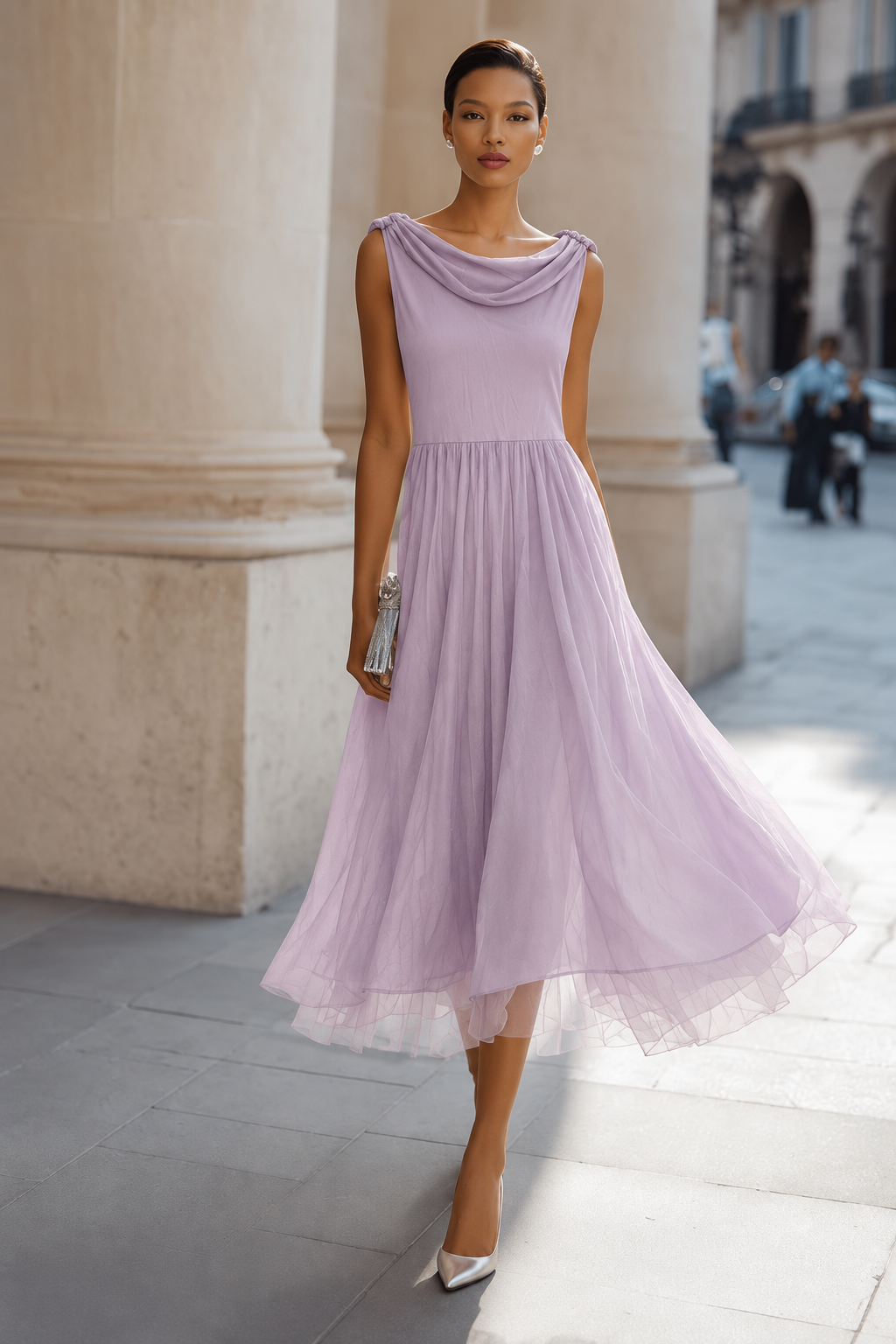 Women’s midi dress in an elegant pleated style with a cowl neckline | L&S