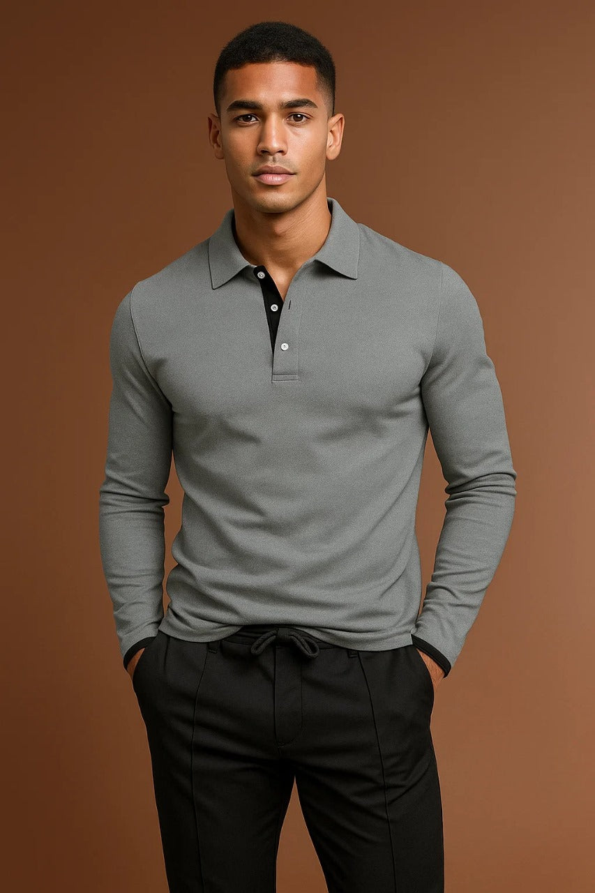 Men’s long-sleeved polo shirt with a contrasting collar - J&B; - 1 - London-stylehouse.com