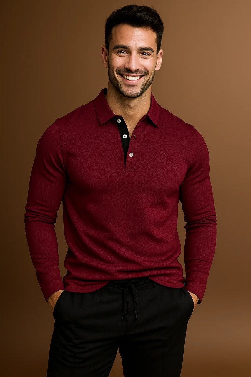 Men’s long-sleeved polo shirt with a contrasting collar - J&B; - 8 - London-stylehouse.com