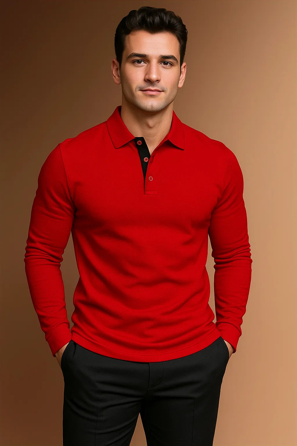 Men’s long-sleeved polo shirt with a contrasting collar - J&B; - 7 - London-stylehouse.com