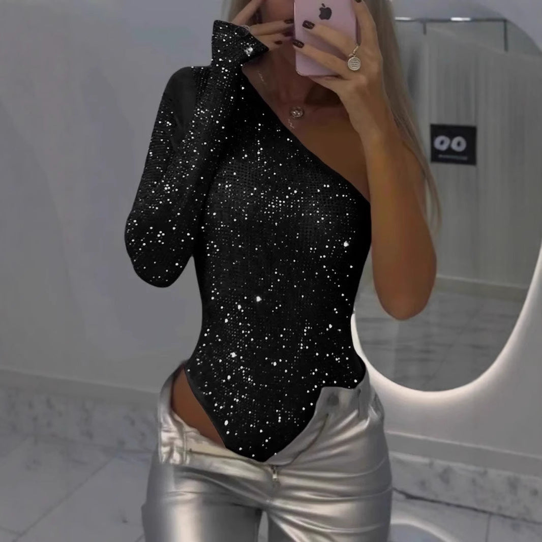 Monika – Asymmetric Sparkle One-Shoulder Bodysuit for Women