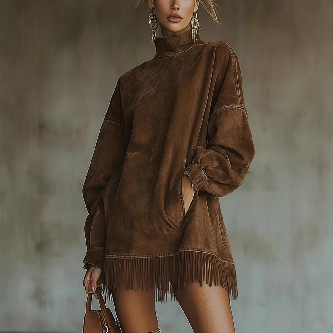 Freya – High-Neck Fringed Oversized Tunic Dress for Women