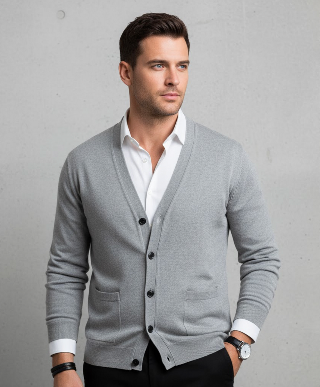 Men’s cardigan with a V-neck, button placket at the front and pockets - J&B; - 1 - London-stylehouse.com