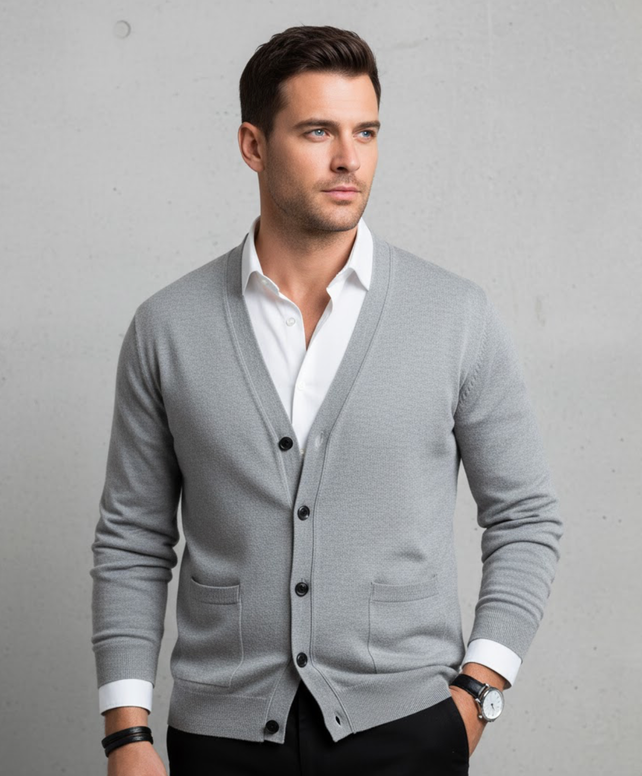 Men’s cardigan with a V-neck, button placket at the front and pockets - J&B; - 1 - London-stylehouse.com