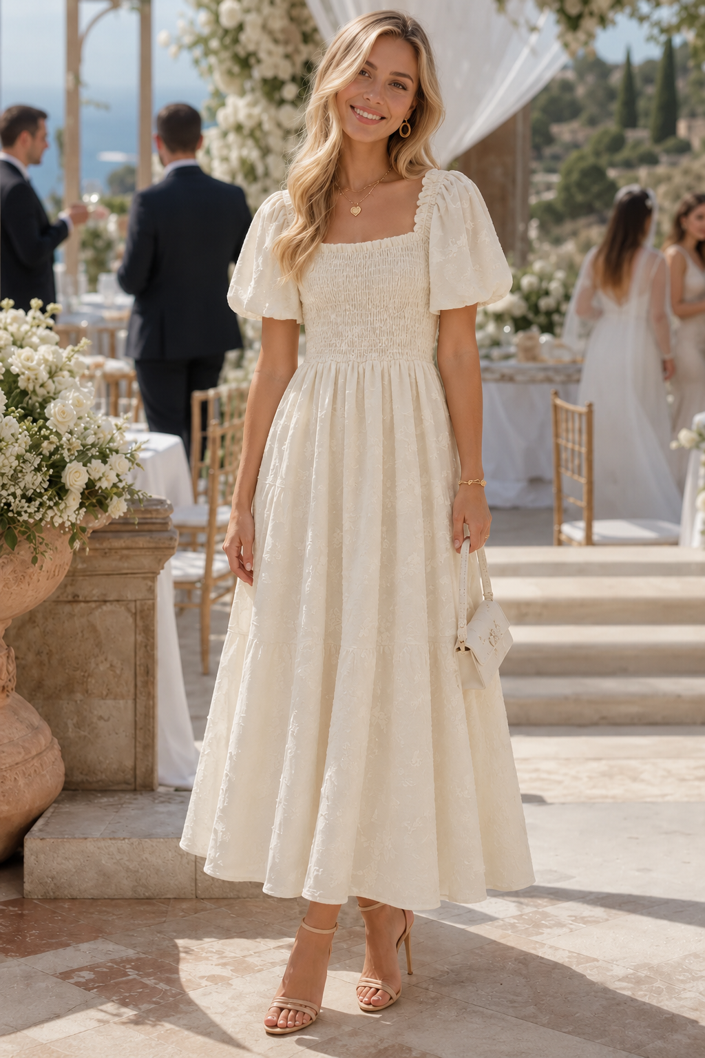 Women’s midi dress with a square neckline, puff sleeves and a floral pattern | L&S