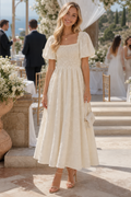Women’s midi dress with a square neckline, puff sleeves and a floral pattern | L&S