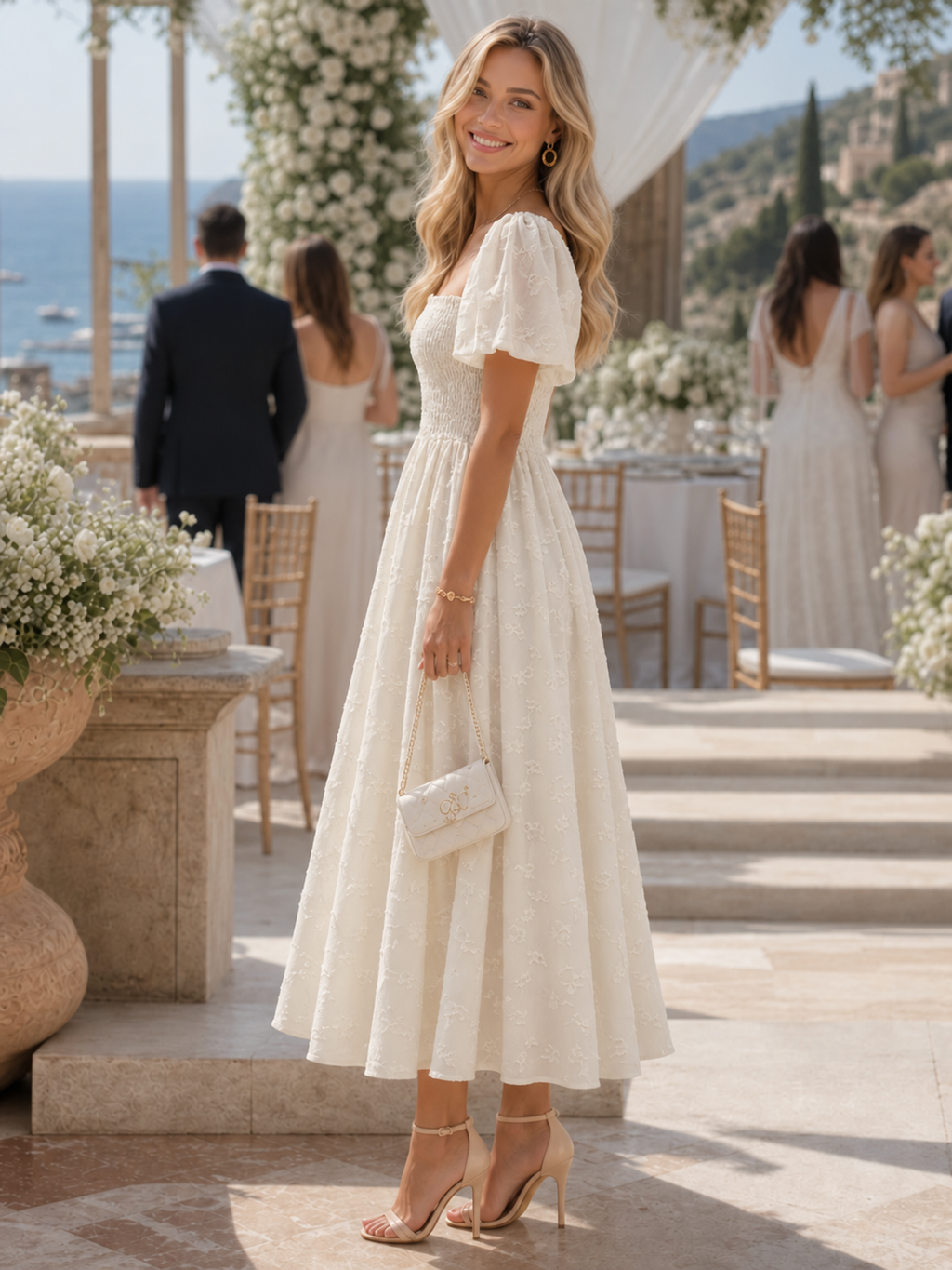 Women’s midi dress with a square neckline, puff sleeves and a floral pattern | L&S