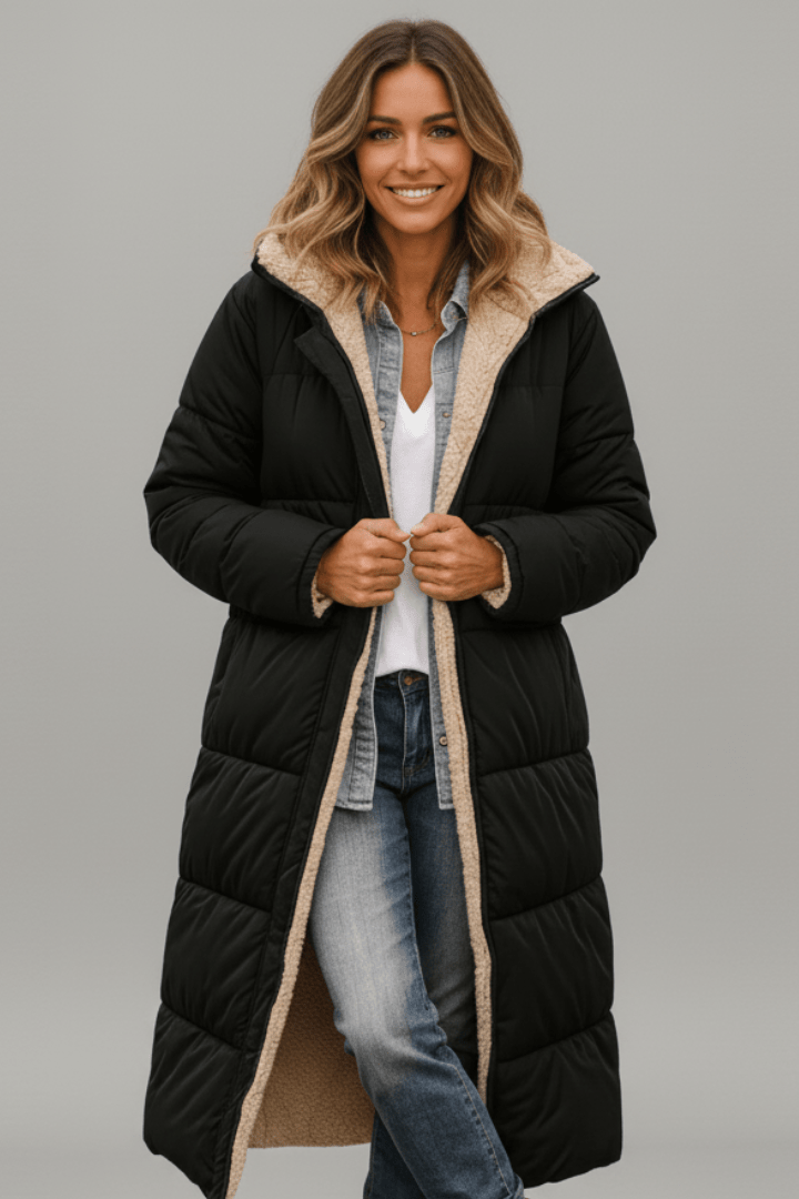 Long women’s down coat with hood and soft lining - J&B; - 1 - London-stylehouse.com