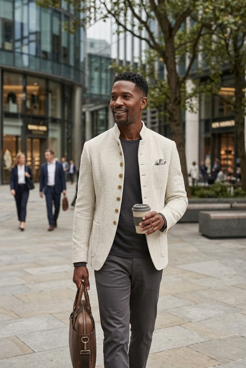 Bespoke men’s jacket with a stand-up collar and elegant button details - J&B; - 2 - London-stylehouse.com