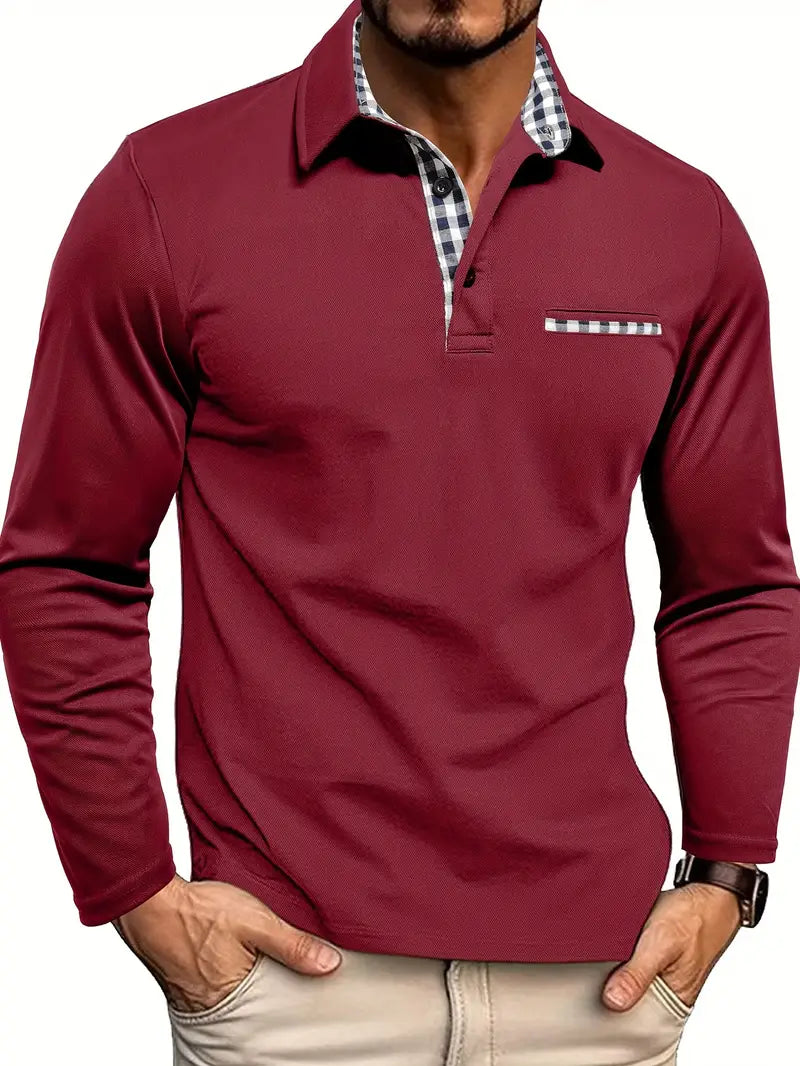Men’s long-sleeved polo shirt with checked collar and pocket - J&B; - 2 - London-stylehouse.com