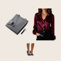 The Mayfield 3 piece set: dark grey V-neck button cardigan, burgundy satin blouse and black leather-look high heels