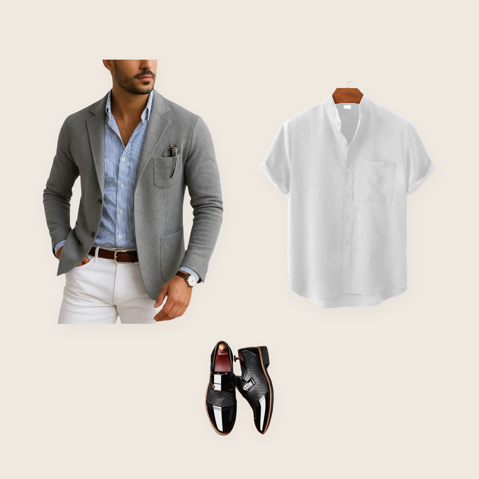 The Blackfriars 3 piece set: grey double-breasted blazer, white linen shirt and black formal shoes