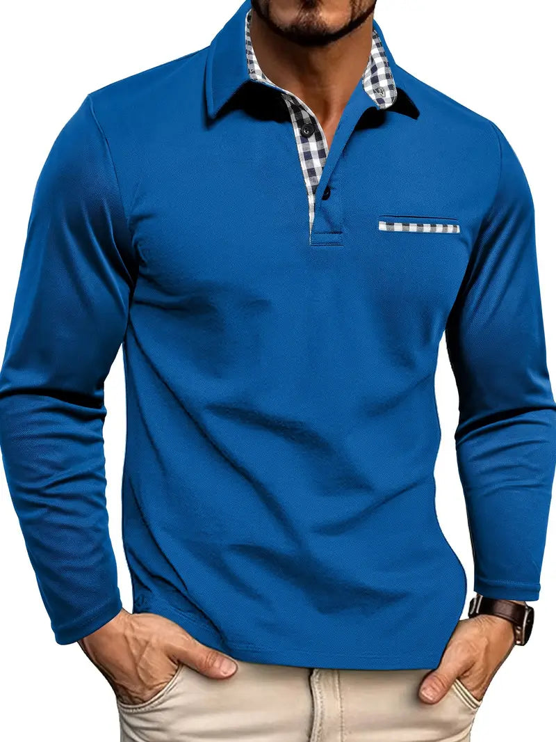 Men’s long-sleeved polo shirt with checked collar and pocket - J&B; - 5 - London-stylehouse.com