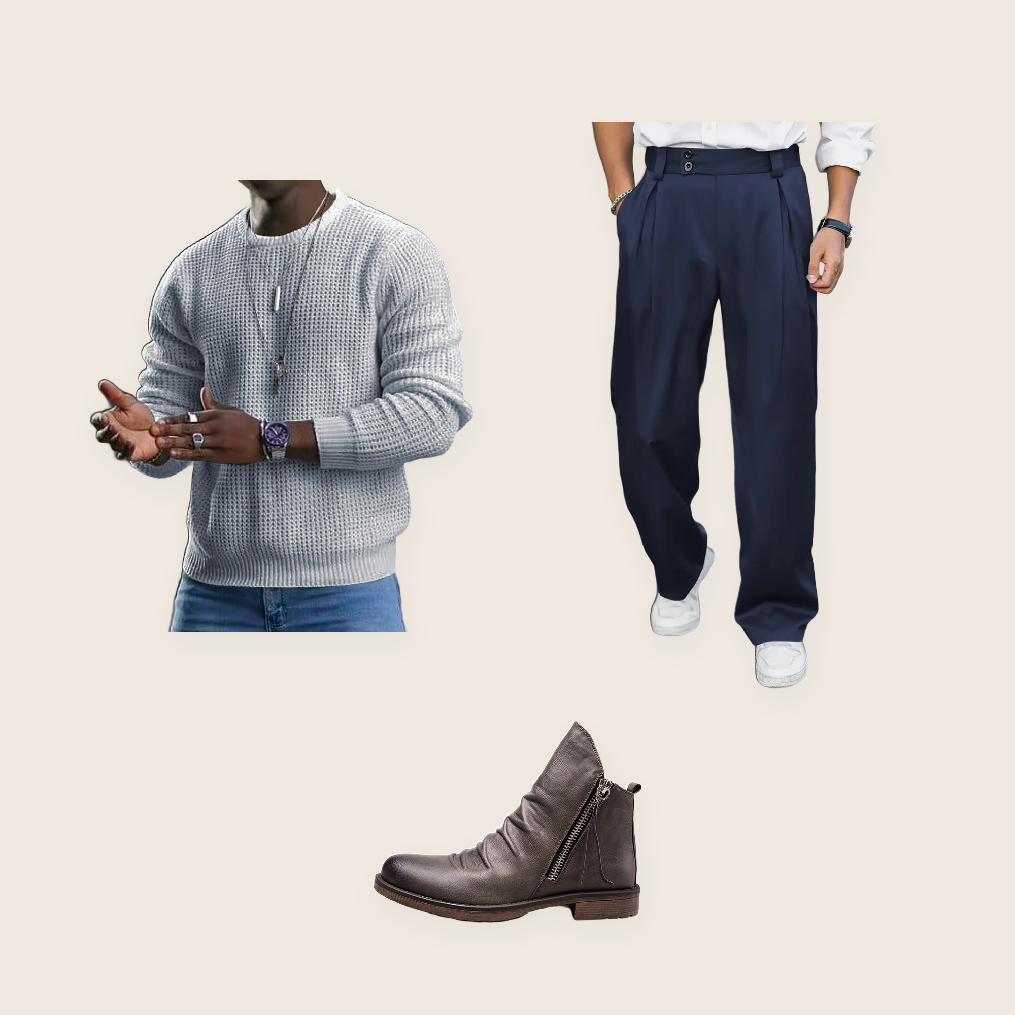 The Clerkenwell 3 piece set: light grey textured knit jumper, navy blue wide-leg trousers and grey zip ankle boots