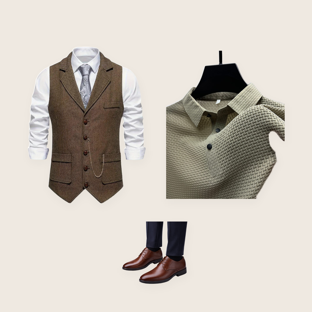 The Pall Mall 3 piece set: coffee herringbone waistcoat, beige textured T-shirt and brown lace-up shoes