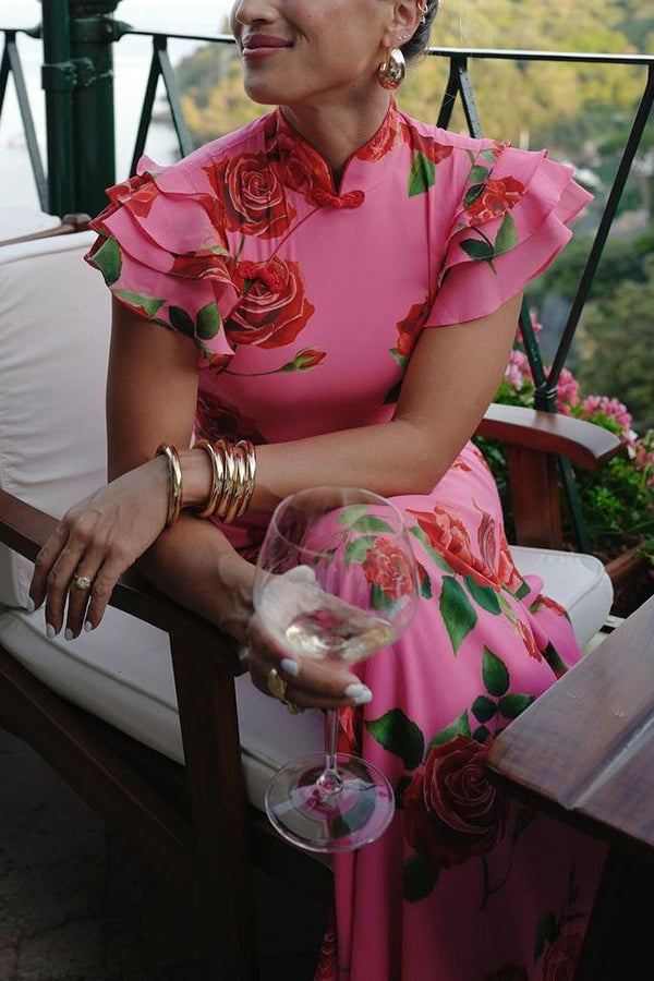 Lina – Elegant Rose Floral Print Tiered Flare Sleeve Maxi Dress for Women - Image 6