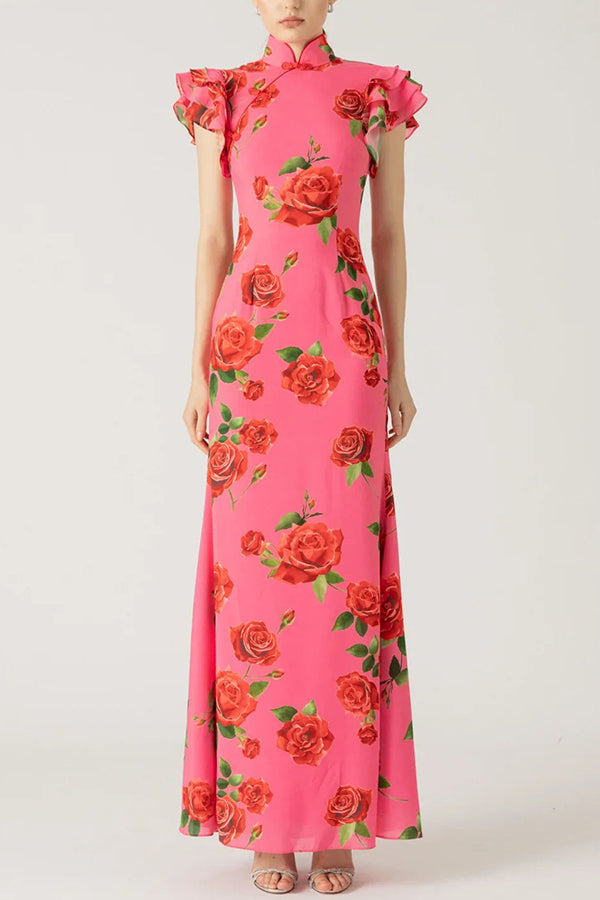 Lina – Elegant Rose Floral Print Tiered Flare Sleeve Maxi Dress for Women - Image 9