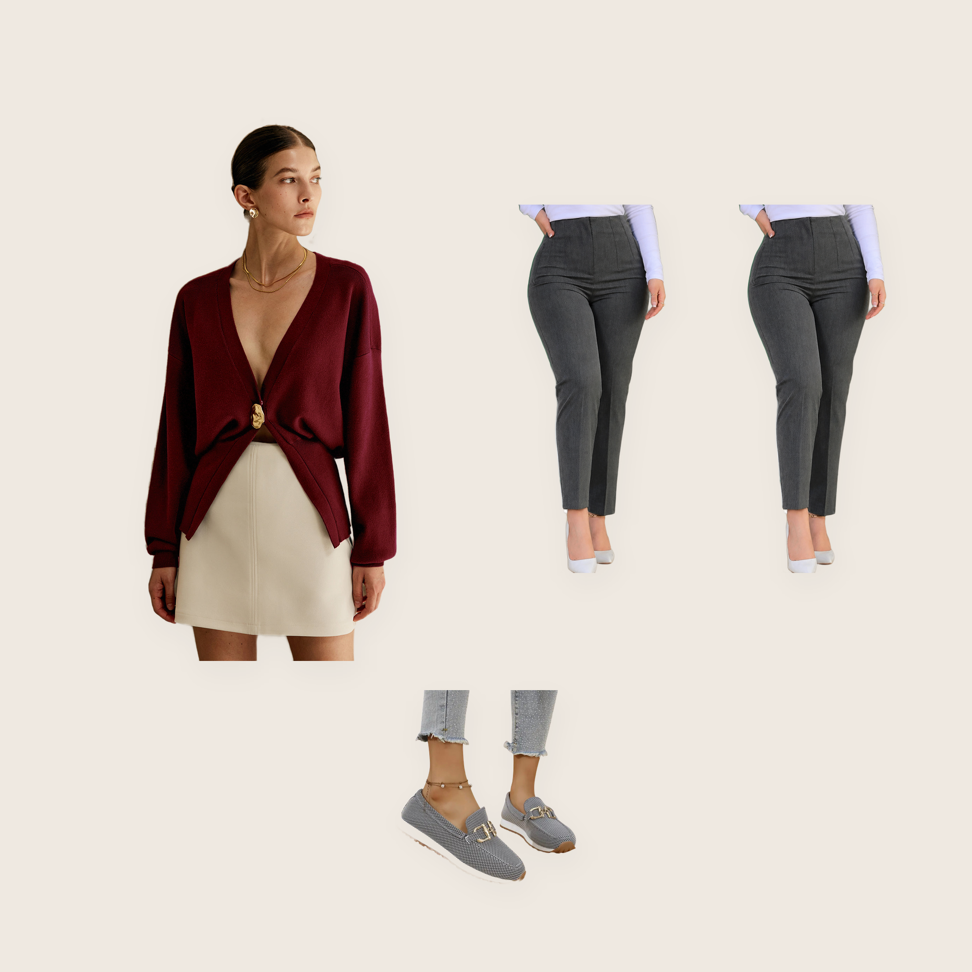 The Marlow 3 piece set: burgundy cardigan with gold buttons, dark grey high-waist trousers and grey loafers