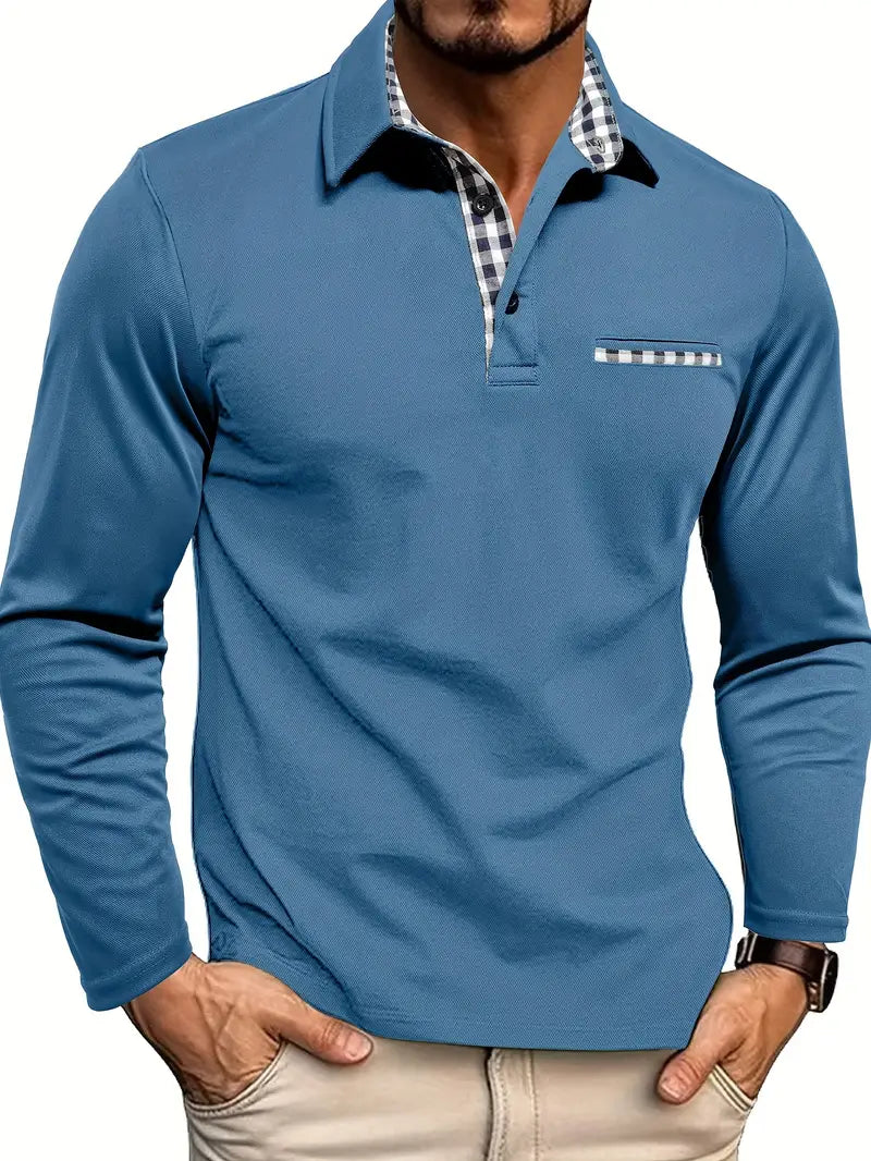 Men’s long-sleeved polo shirt with checked collar and pocket - J&B; - 4 - London-stylehouse.com