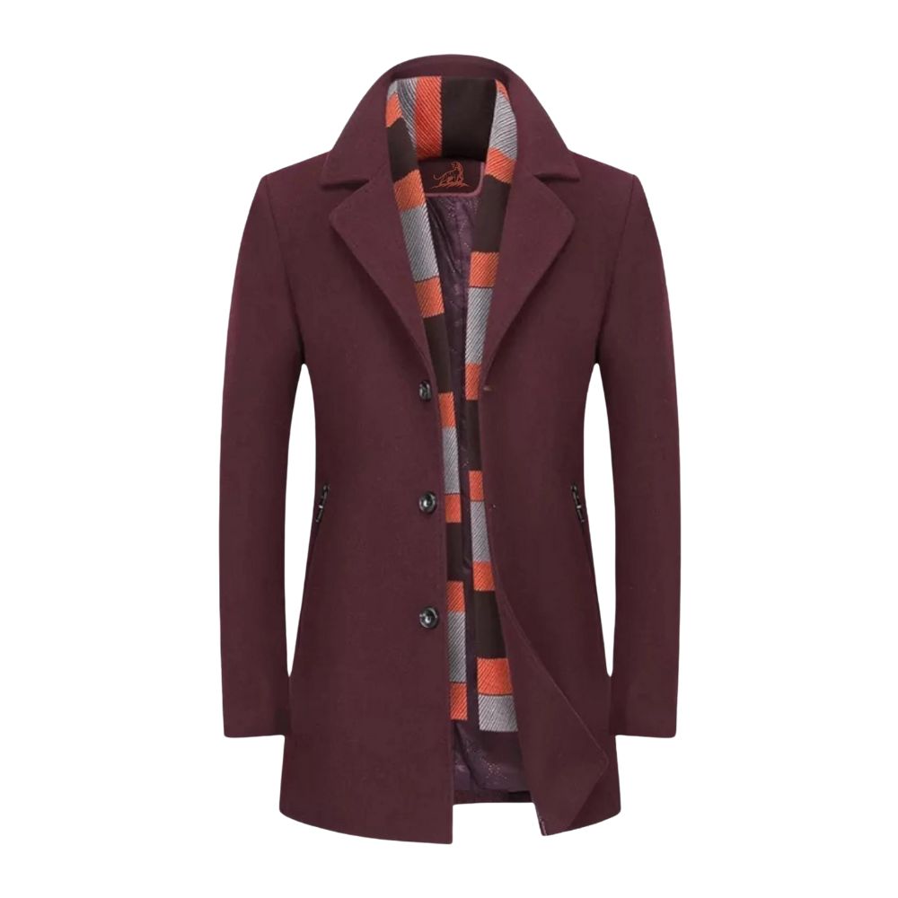 Fitted coat with draped collar in wine red