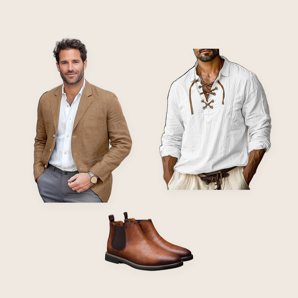 The Marylebone Mews 3 piece set: brown linen blazer, white Henley linen shirt and brown Chelsea boots