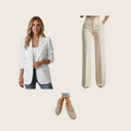 The Marylebone 3 piece set: white notched-collar blazer, beige wide-leg trousers and beige loafers