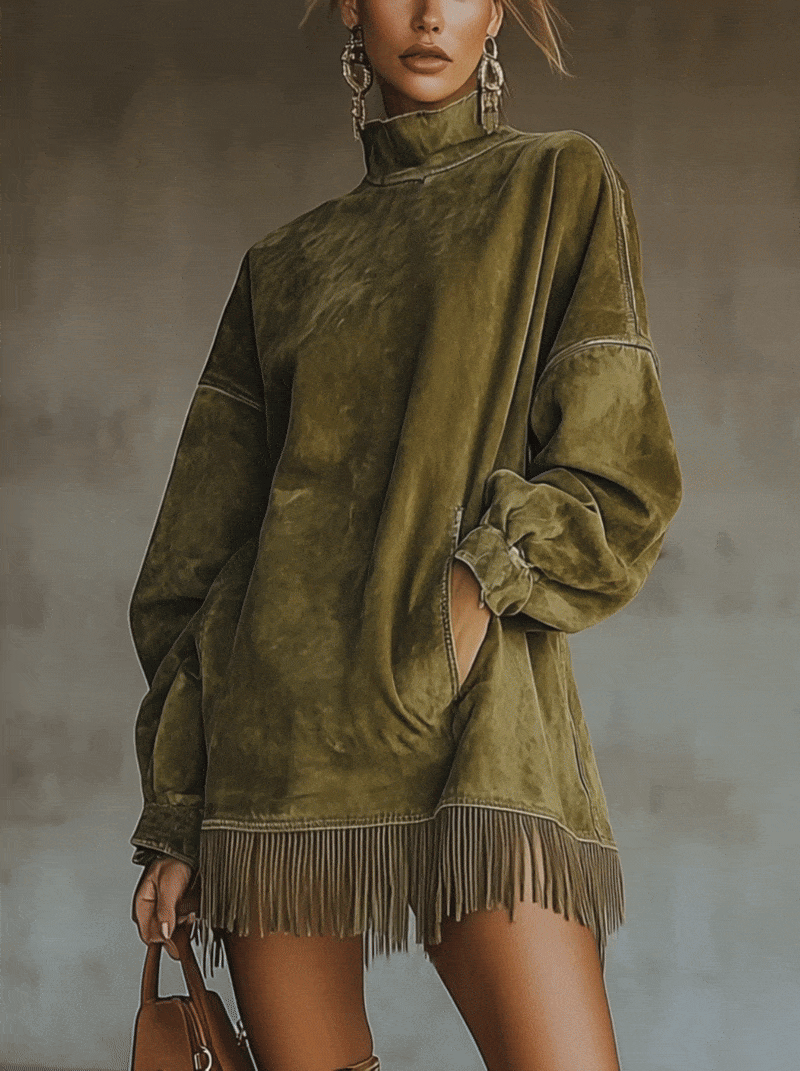 Freya – High-Neck Fringed Oversized Tunic Dress for Women