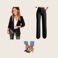 The Chelsea 3 piece set: black open-front blazer, black wide-leg trousers and black Mary Jane heels