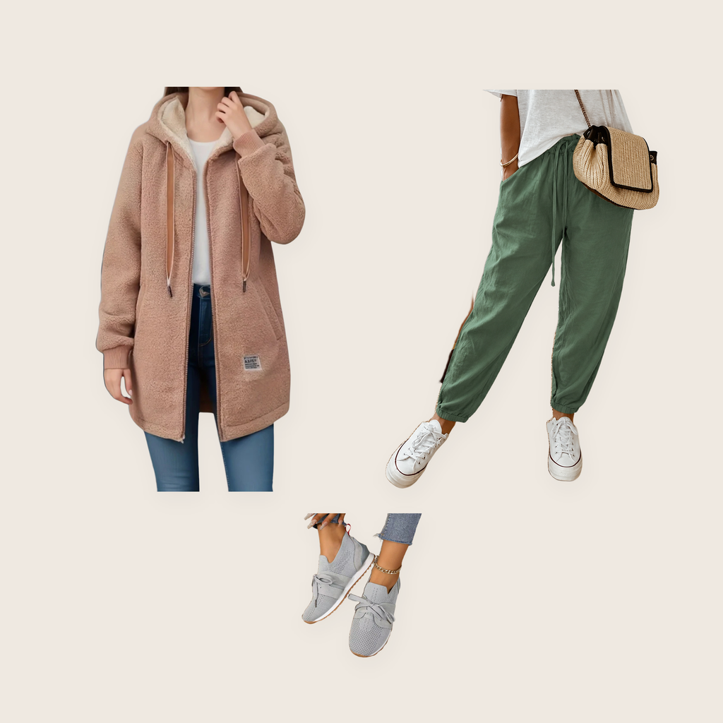 The Greenwich 3 piece set: khaki hooded teddy fleece longline jacket, green casual trousers and grey slip-on shoes