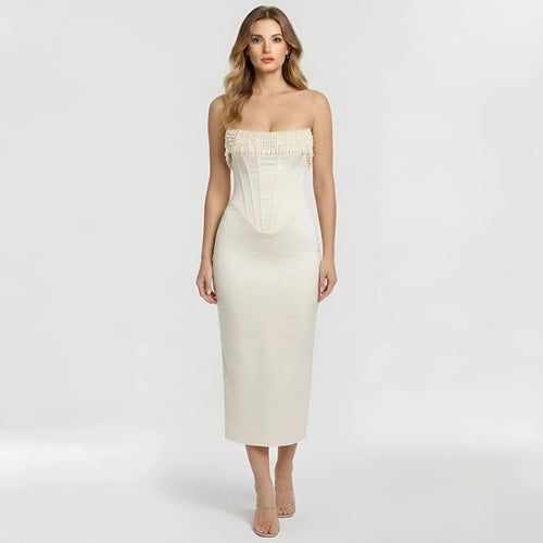 Brigitte – Elegant strapless fitted corset midi dress for Women - Image 1
