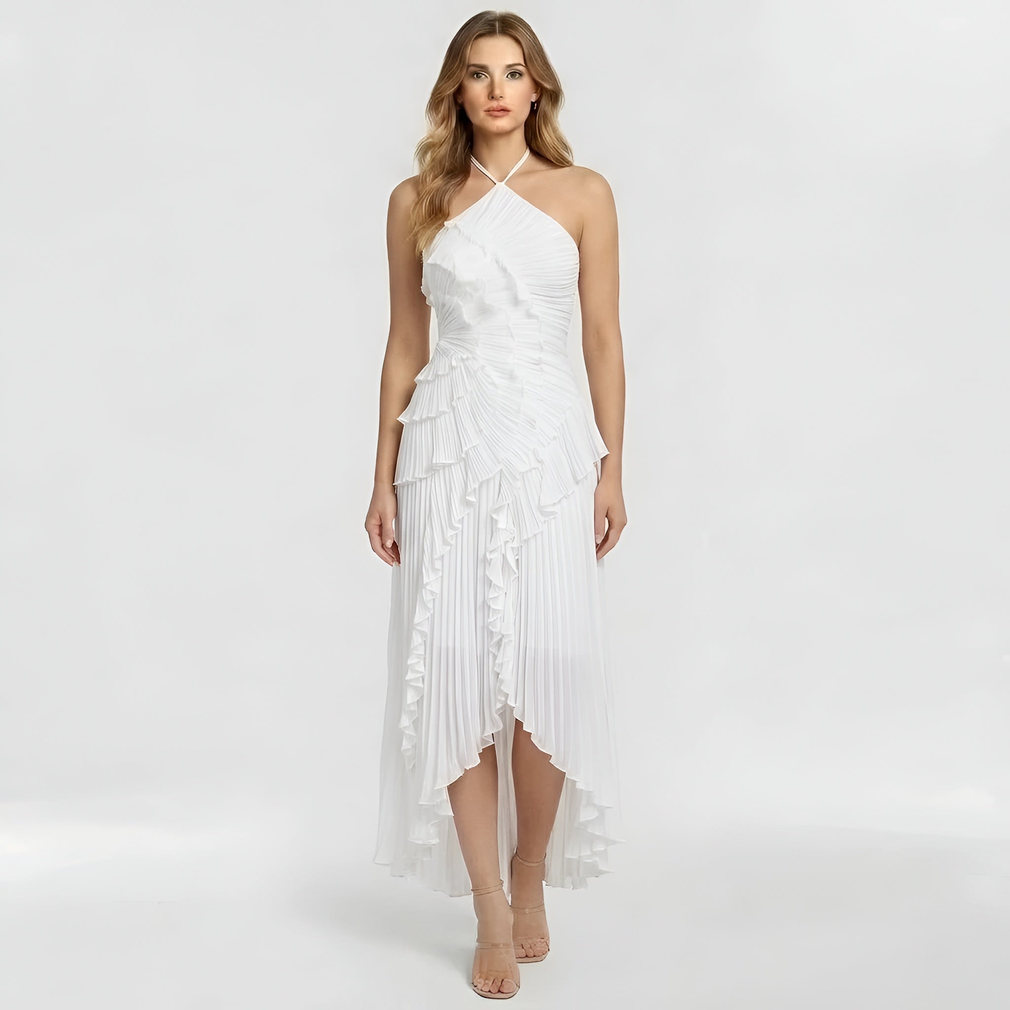 Ingrid – Elegant long dress with ruffles and pleats for Women - Image 1