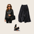 The Islington 3 piece set: black fitted leather-look jacket, black wide leg trousers and black slip-on shoes