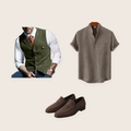 The Holland Park 3 piece set: olive tailored waistcoat, coffee linen shirt and brown penny loafers